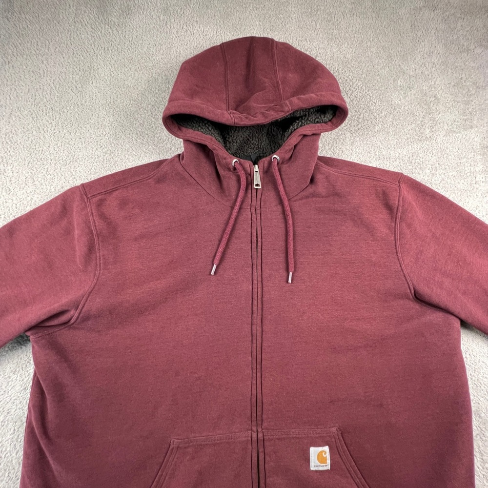 Carhartt Sherpa Lined Hoodie Mens 2XL Tall Burgundy Full Zip Workwear Sweatshirt - Picture 11 of 16